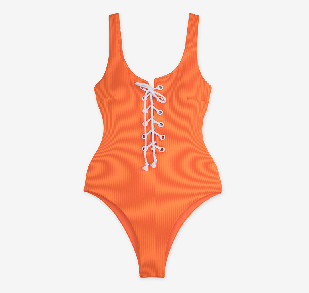 Слитный купальник на шнуровке оранжевый Мармалато, цвет Оранжевый-белый #3